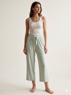 Free People Cropped Drawstring Pajama Pants in Light Sage Lightweight